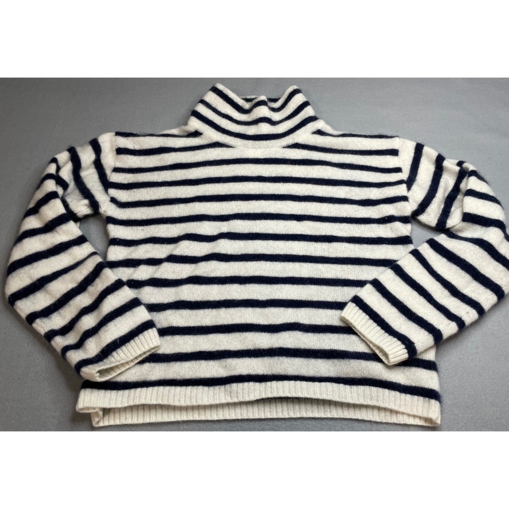 Halston Cashmere Sweater Womens Small Navy White Striped Turtleneck 2-Ply Knit - Picture 2 of 10